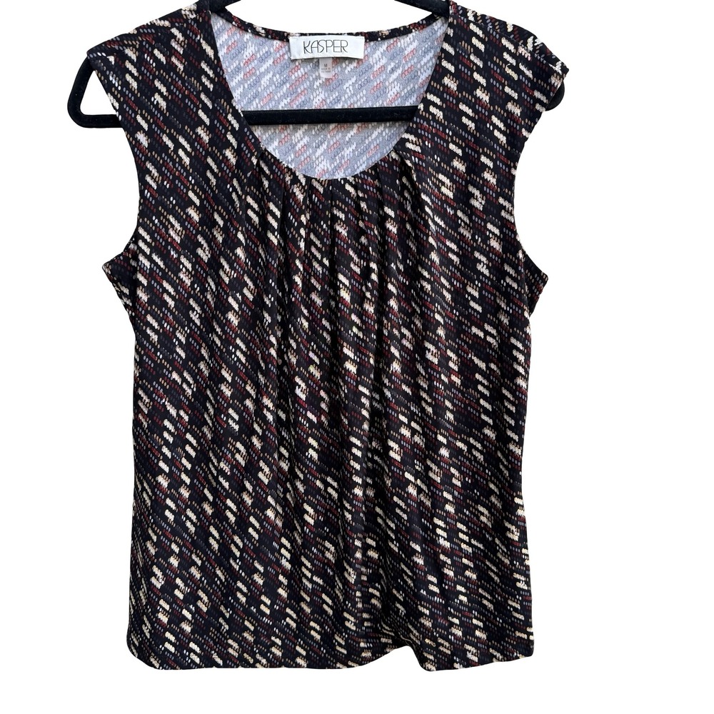 Kasper Careerwear Metallic Geometric Pleated Scoop Neck‎ Blouse Black Womens M